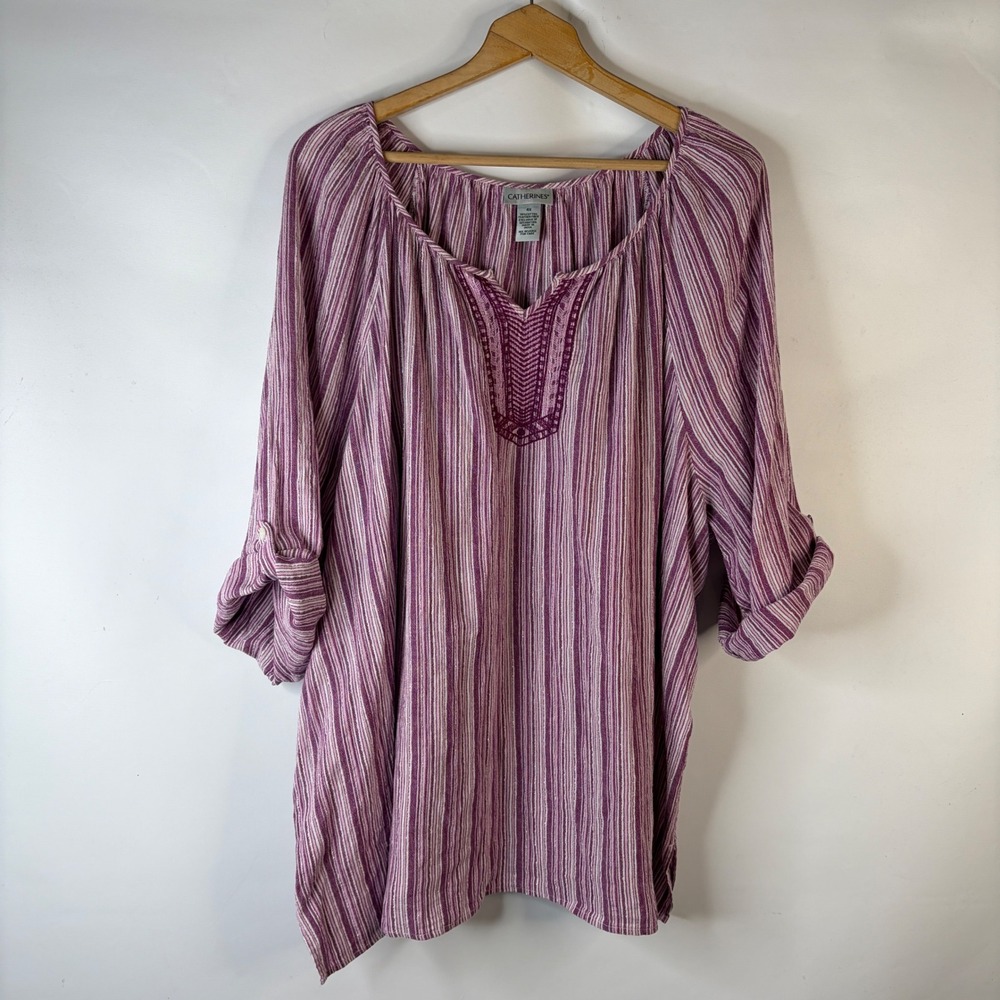 Catherines Peasant Blouse Womens 4X Purple Striped Embroidered Roll Tab Sleeve